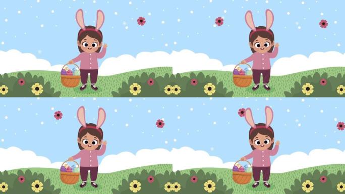 快乐复活节动画与小女孩戴兔子耳朵