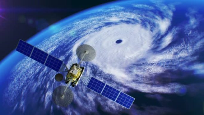 背景上的海洋气旋，虚构的气象卫星飞过，3d动画。所有纹理都是在图形编辑器中创建的，没有照片和其他图像