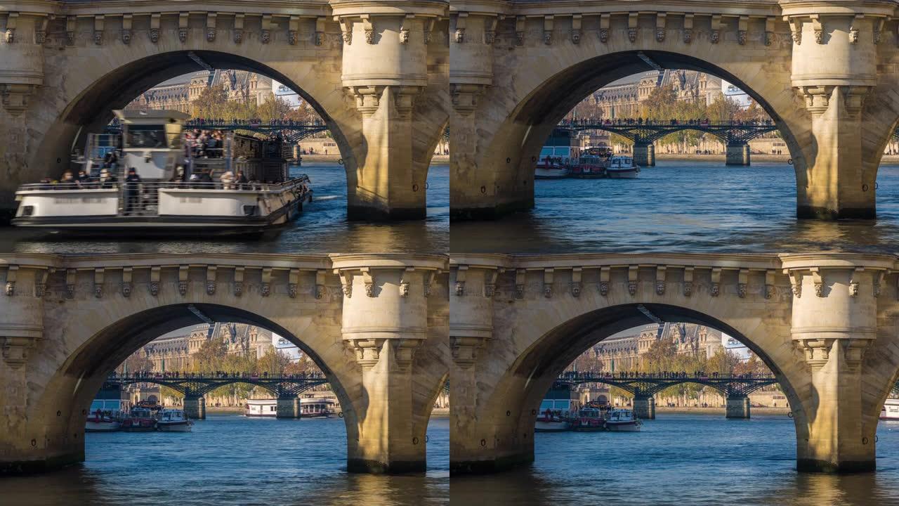 塞纳河的景色和巴黎桥下游船的游客