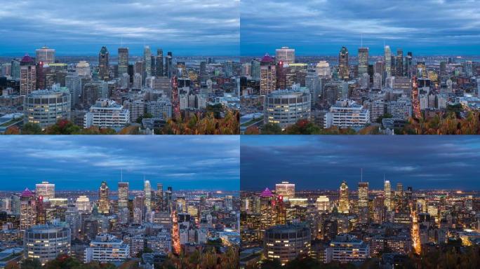 加拿大魁北克省蒙特利尔秋季金融区现代办公楼的黄昏至夜间延时视图