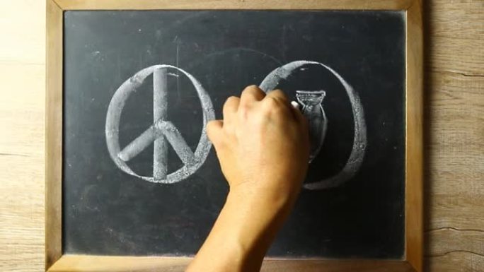 人在黑板上写和平，没有战争标志