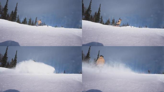 专业骑手在白雪皑皑的滑雪场上滑行。用雪盖住相机。把雪溅到镜头里。滑雪板在滑雪坡上雕刻