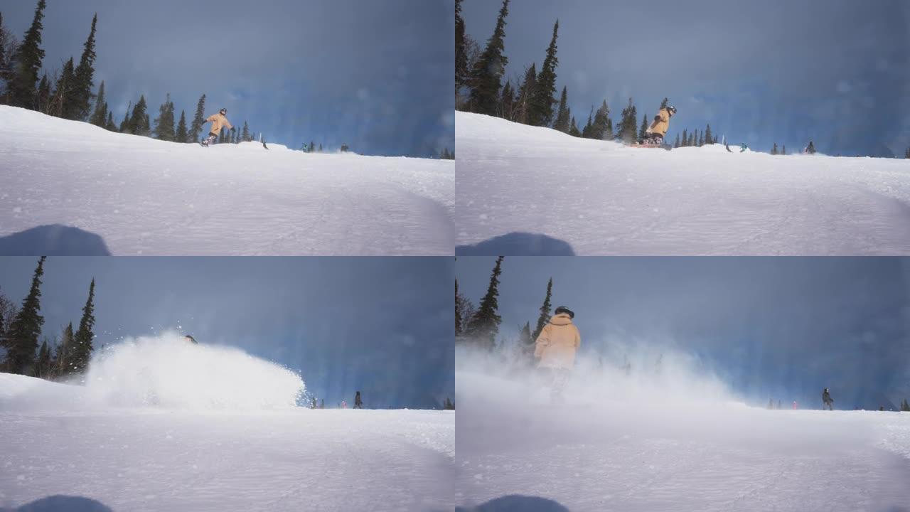 专业骑手在白雪皑皑的滑雪场上滑行。用雪盖住相机。把雪溅到镜头里。滑雪板在滑雪坡上雕刻