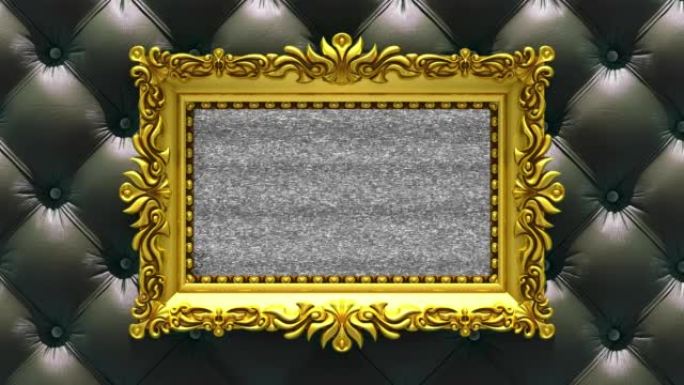 背景上的黑色豪华室内装潢。电视噪音和绿色色度键以华丽的金色相框在屏幕上播放。3D动画介绍。