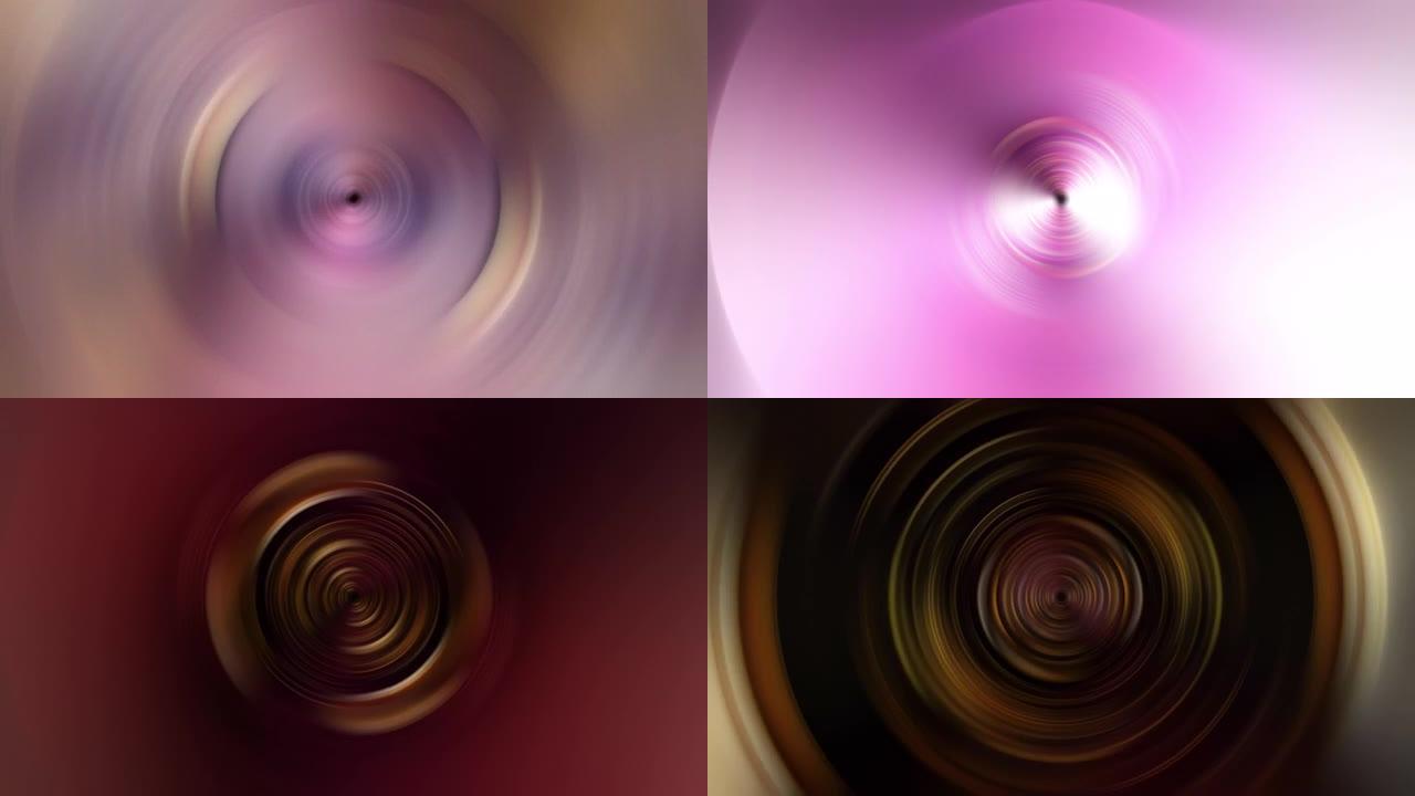 彩色五彩圆灯径向梯度模糊隧道抽象背景为未来高科技商业演示幻灯片背景概念。4K 3D无缝环路明亮闪亮的