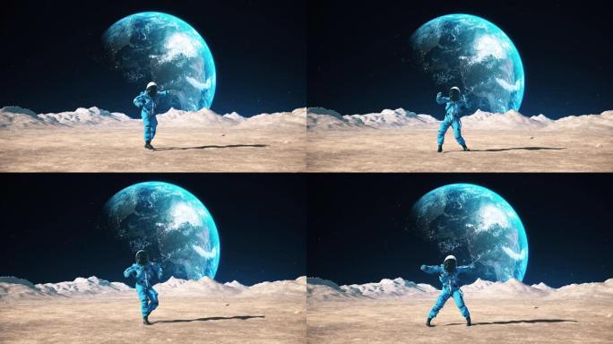 疯狂的宇航员在月球表面跳舞。庆祝他的成功。