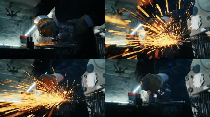 组装金属结构，由专业工人使用研磨机自制防弹衣板。在室内的重工业工厂中，用光滑的金属，铁，火花设备进行