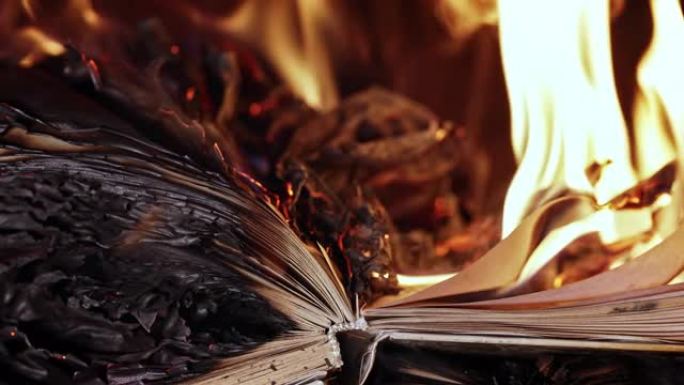 旧的打开的书正在燃烧。纸上明亮的火焰。壁炉里日记的破坏。放弃过去。关于篝火的禁书文献。审查制度，禁止
