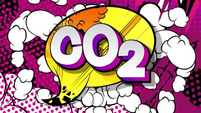 Co2。4k动画漫画单词文本在抽象漫画背景上移动。
