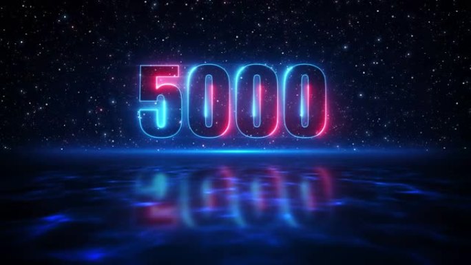 未来运动红色和蓝色数字5000显示霓虹灯标志在太空的深蓝色星空和水面的光反射
