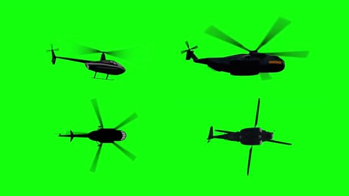 明亮绿色背景上的直升机侧面图标集