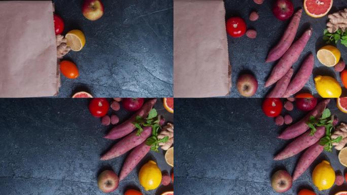 黑色背景上的蔬菜和水果食品递送可持续性概念平放顶视图