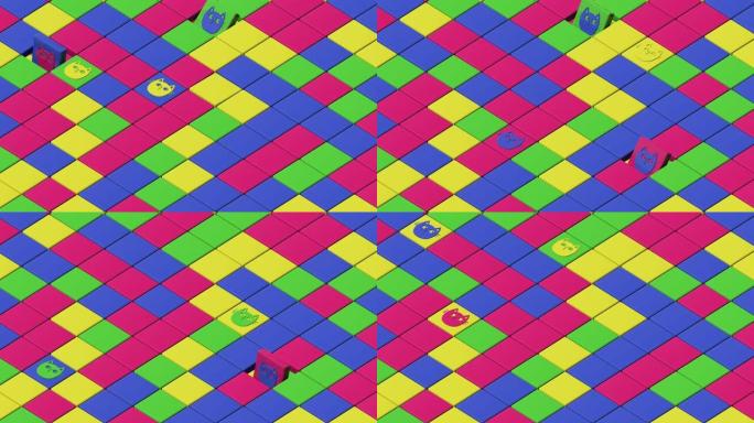 彩色立方体的抽象背景，转动并显示猫的脸