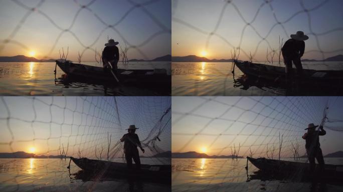 渔夫早上在水中投掷渔网捕鱼的当地生活方式录像