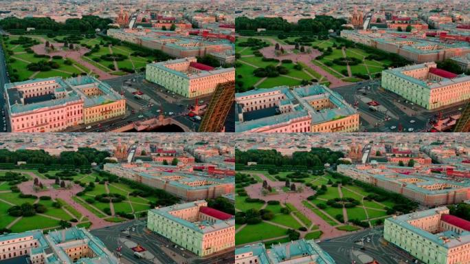 俄罗斯、圣彼得堡、苏沃洛夫广场、日落时三一桥出口、库图佐瓦路堤、宫殿、大学文化的火星领域令人难忘的地