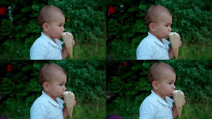 可爱的小男孩在公园吃冰淇淋。与父母一起进行户外娱乐，食物