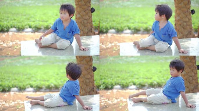 小男孩坐在绿色农场的树下