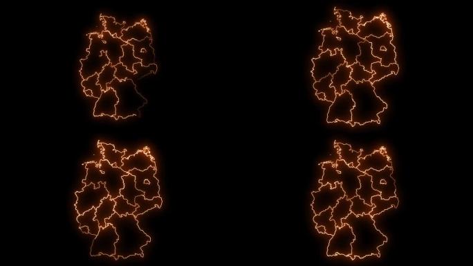 德国地图与所有州或省发光霓虹灯轮廓内外动画。