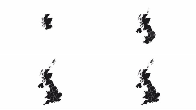 显示行政区域的英国动画地图。英国地图，黑色联邦州一个接一个地出现和消失。带分区的详细政治国家地图。4