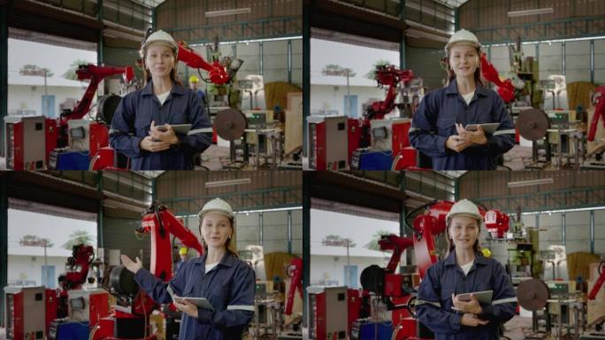 年轻的高加索工程师正在介绍和解释机械臂在工厂中的工作原理，这是一种创新的行业标准。4.0，应用技术替
