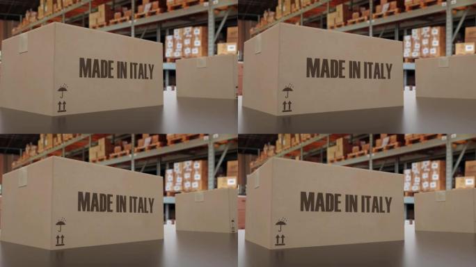 传送带上有意大利制造文本的盒子。意大利商品相关可循环3D动画