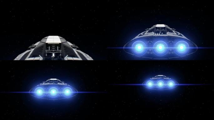 目的地深空。巨型飞船飞向星星，引擎闪烁，3d动画
