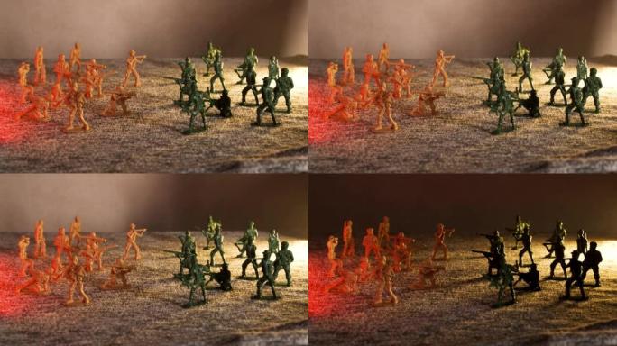 在闪烁的红光下，米色和绿色的塑料玩具士兵相对站着。一片乌云笼罩着战场