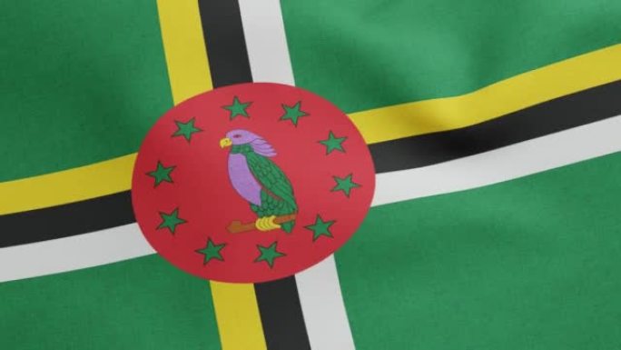 多米尼加国旗挥舞原尺寸和颜色3D渲染，英联邦的多米尼加国旗纺织品由Alwin Bully设计，多米尼