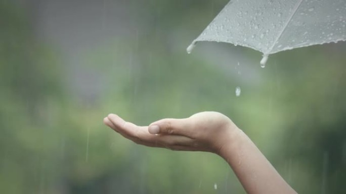 女人在雨中捕捉雨滴