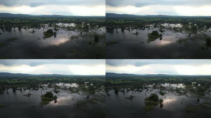 空中无人机电影在泰国中部华富里府大雨后拍摄的洪水