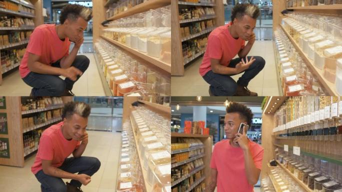 顾客在健康食品商店购物时打电话