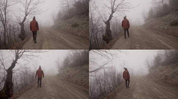 日出时，一个人走在一条雾蒙蒙的乡村道路上。