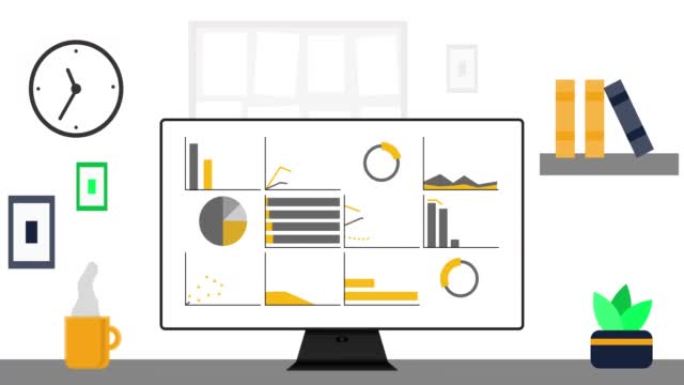 屏幕上显示现代信息图形的办公电脑。办公室、现代数据或统计动画。4 k决议动画