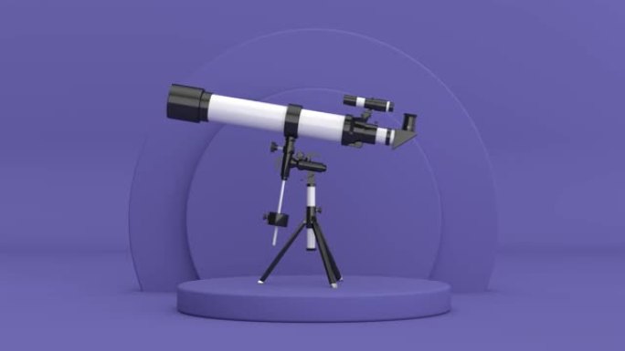 4k分辨率视频: 三脚架上的白色现代移动望远镜在紫色非常周围的圆柱体上旋转产品舞台基座在紫色非常周围