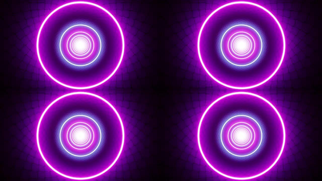 金属栅栏隧道中发光的紫色和蓝色圆圈光
