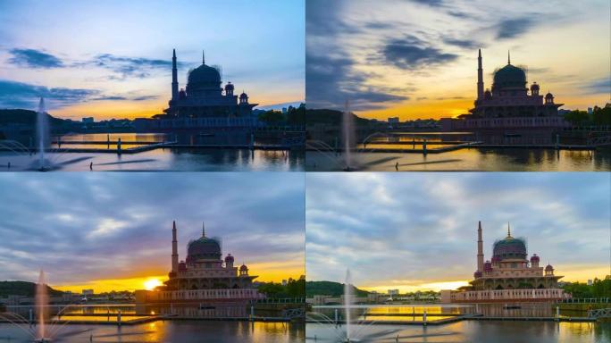 马来西亚布城布特拉清真寺日出风景的延时镜头