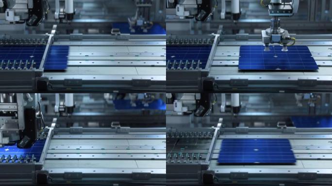 在先进工厂的太阳能电池板生产过程中，太阳能电池正在输送机上移动和测试