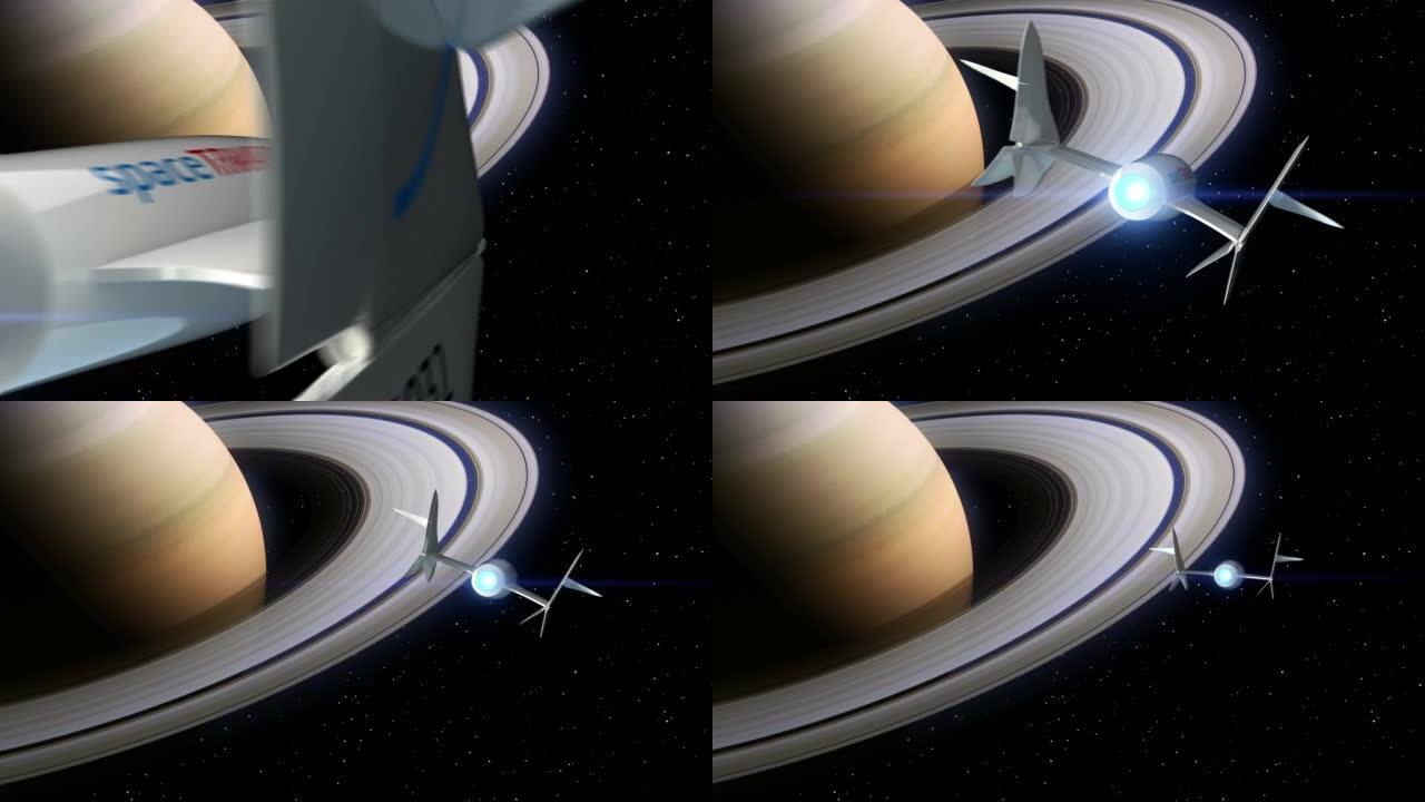 背景上的土星。虚构的太空飞机飞过行星。太空旅游飞船的概念。3d动画。行星的纹理是在图形编辑器中创建的