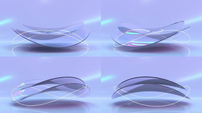 玻璃抽象几何组成与色散光。动态形状，带有圆形弯曲板或清晰的圆盘，并在紫色背景上发光。光线的折射效果，