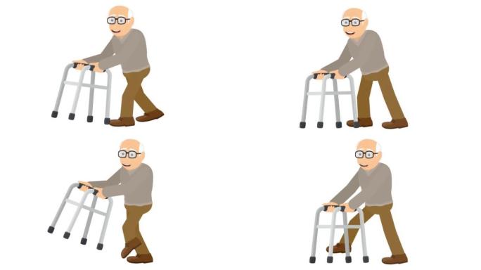 退休人员。一个有助行器的人的动画。卡通