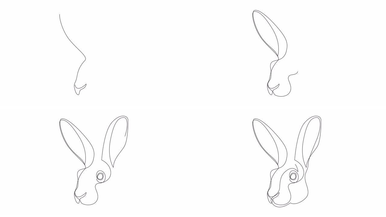 动物爱好者俱乐部标志的可爱野兔头一张连续线条画的动画自画。可爱的兔子动物吉祥物概念图标。兔子的全长单