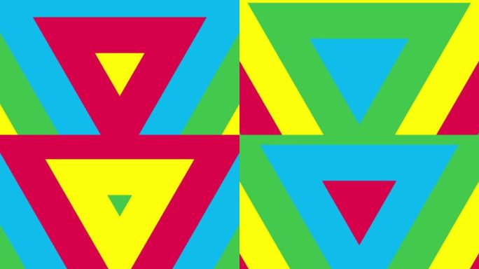 多色缩放三角形。抽象动态几何背景。无缝循环几何背景