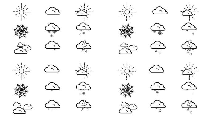 白色4k背景上的9个动画天气图标集 (太阳，雷暴，部分多云，多云，雪和多云天气)