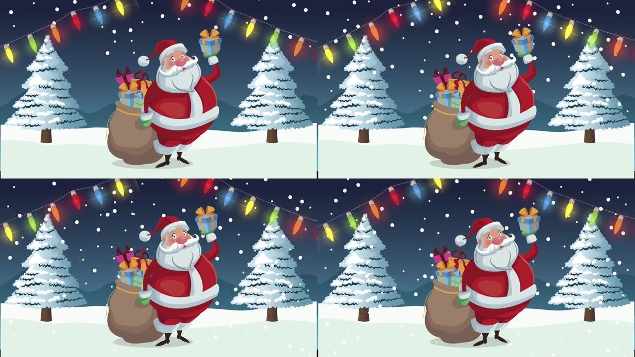 圣诞老人和灯泡灯的圣诞快乐动画