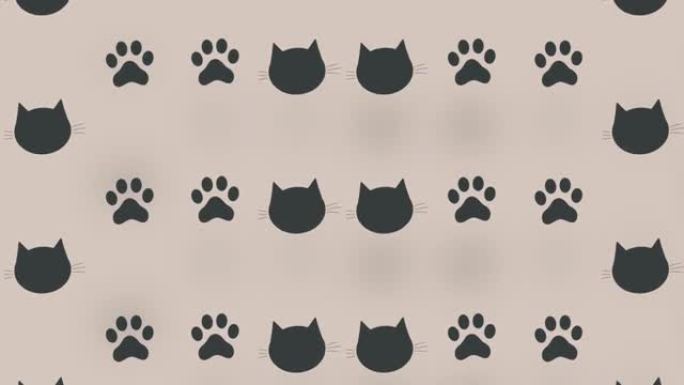 黑色猫头和爪子的彩色图案。猫爪和脸无缝图案。动物轮廓。4k视频运动