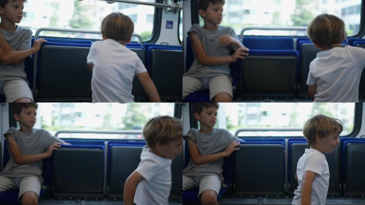 快乐的小男孩在火车内运动中跳舞