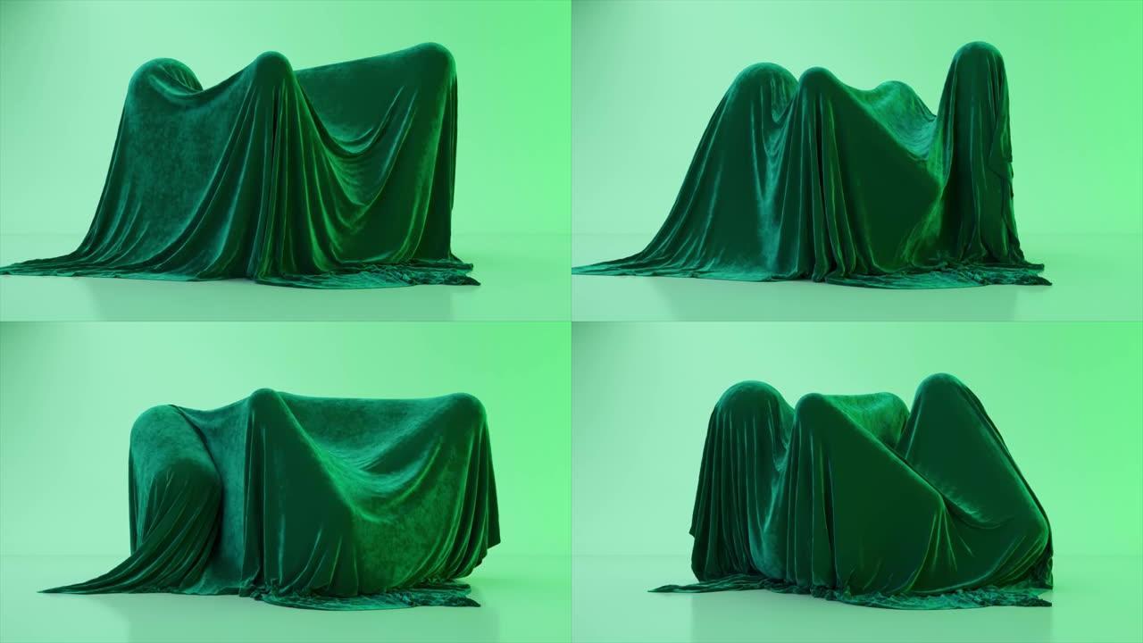 胶囊在天鹅绒织物下随机移动。摘要背景。绿色。无缝循环的3d动画