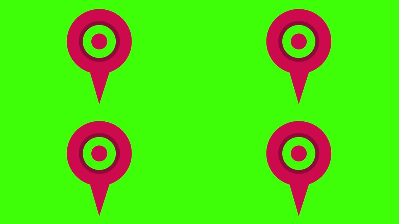 在绿色屏幕上弹出带有红点的动画圆形粗体红色位置图标
