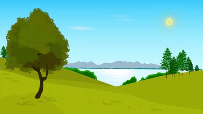 自然景观。有湖泊和山脉的树的动画。卡通
