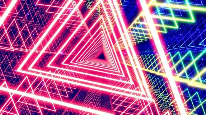 三角形的运动设计阵列，相机在霓虹灯和全息物体的数字科幻空间中飞行和旋转。高科技概念，抽象的未来循环背
